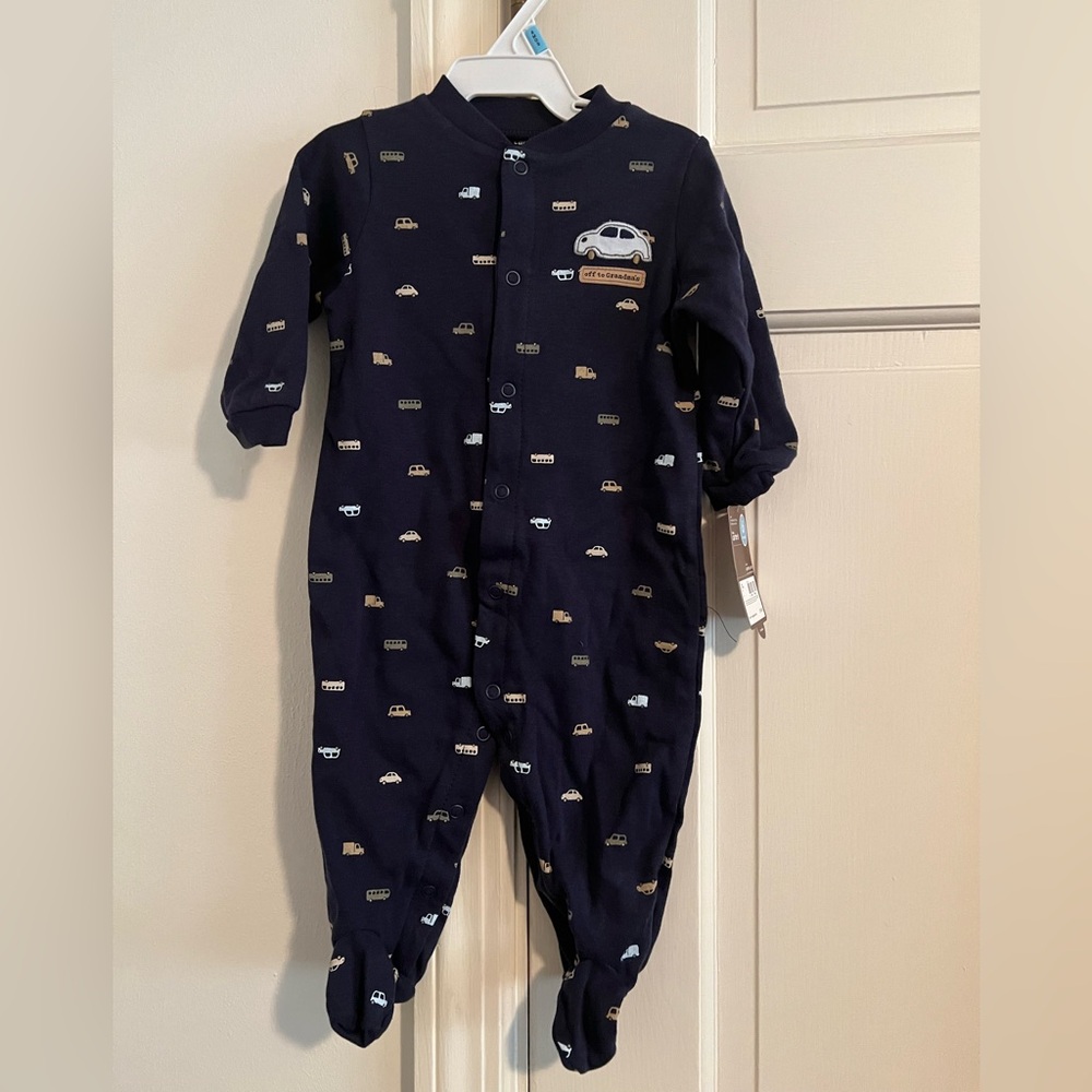 Carters 6 month 1 pc Footed Onesie “off to Grandma’s” Cars 100% Cotton NWT